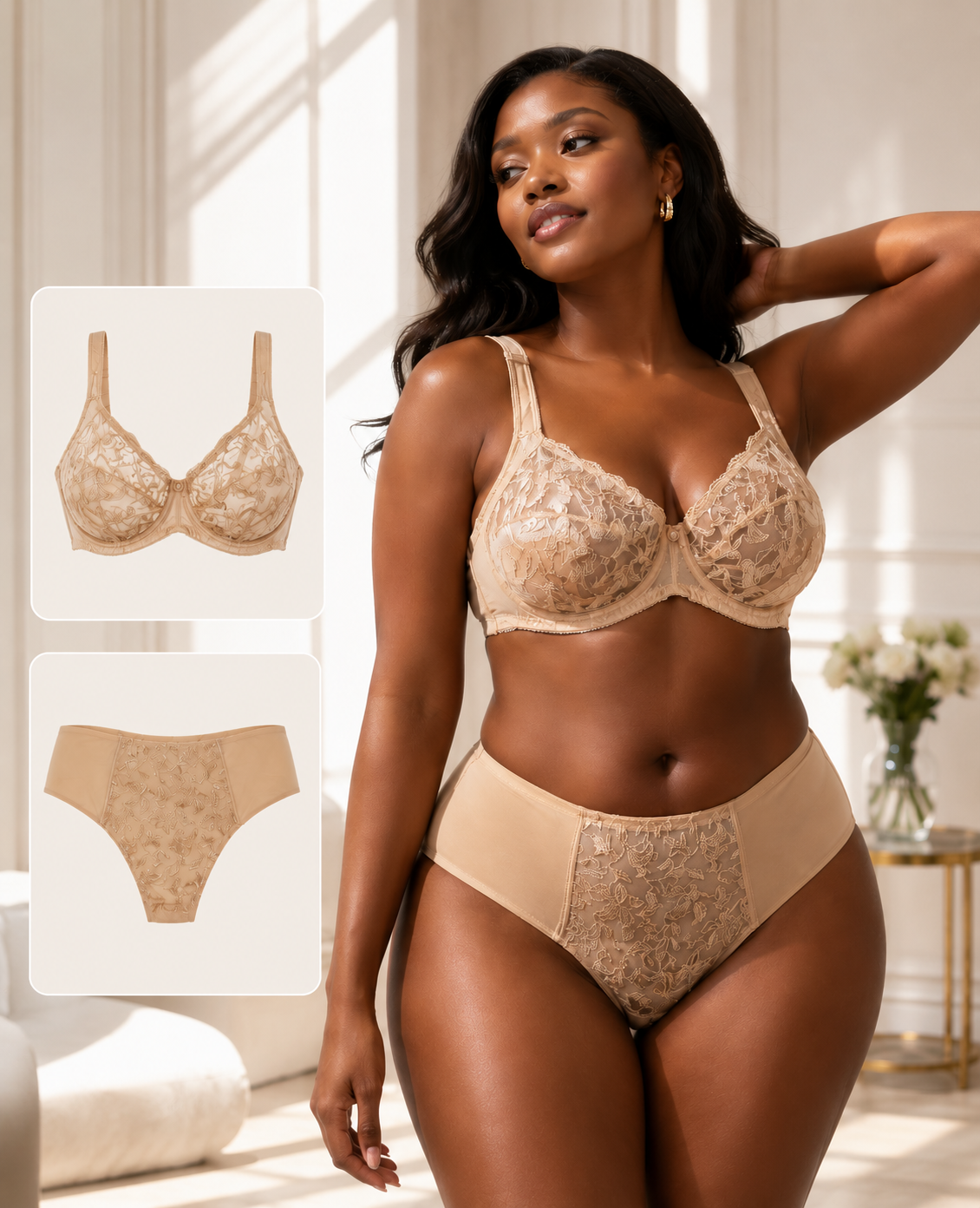 Ensemble Lingerie Dentelle Beige UJ7025-PJ7025